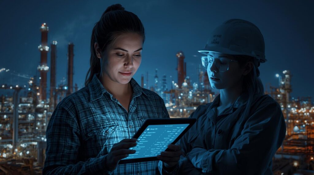 Engineer holding a tablet showing a digital catalog list, background of an oil refinery, blue collar worker, focus on technology and local content.