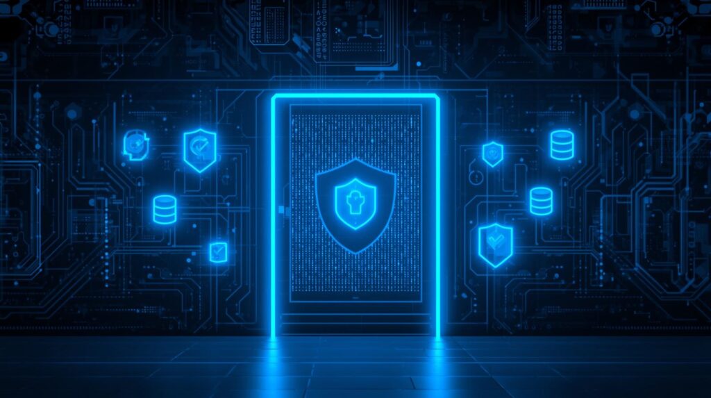 Futuristic digital gate or secure server access, glowing blue interface with checklist icons, representing database verification, cyber security style.