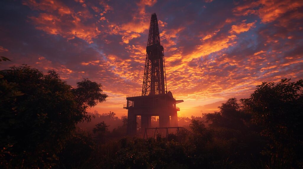 Oil and gas exploration drilling rig in a remote jungle or offshore at sunrise, dynamic angle, sense of urgency and discovery, high quality.