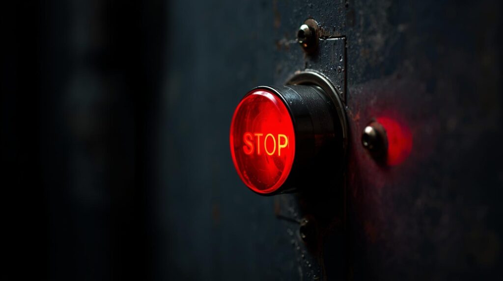 Red emergency button on an industrial control panel, shallow depth of field, dramatic lighting, tension atmosphere.