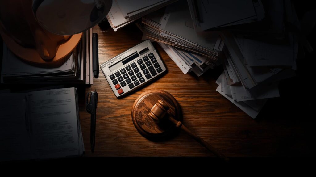 Top view of a messy desk with a gavel, calculator, safety helmet, and stacked piles of paperwork, selective focus, moody lighting, legal compliance concept.