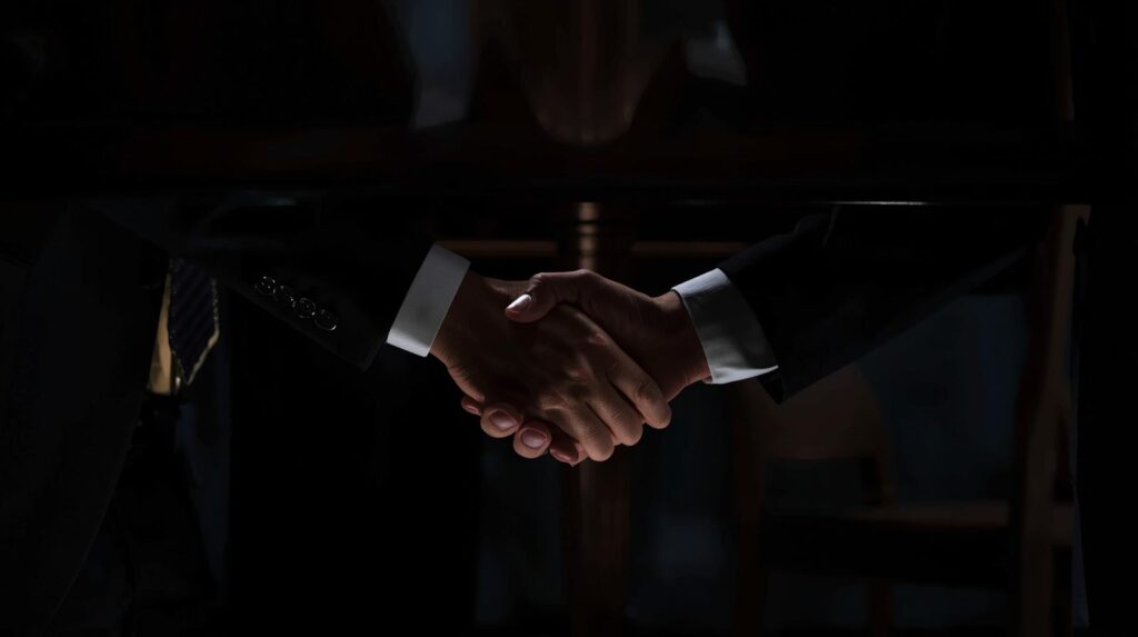 Two business people shaking hands under a table, low key lighting, concept of corruption or unfair deal, cinematic style.