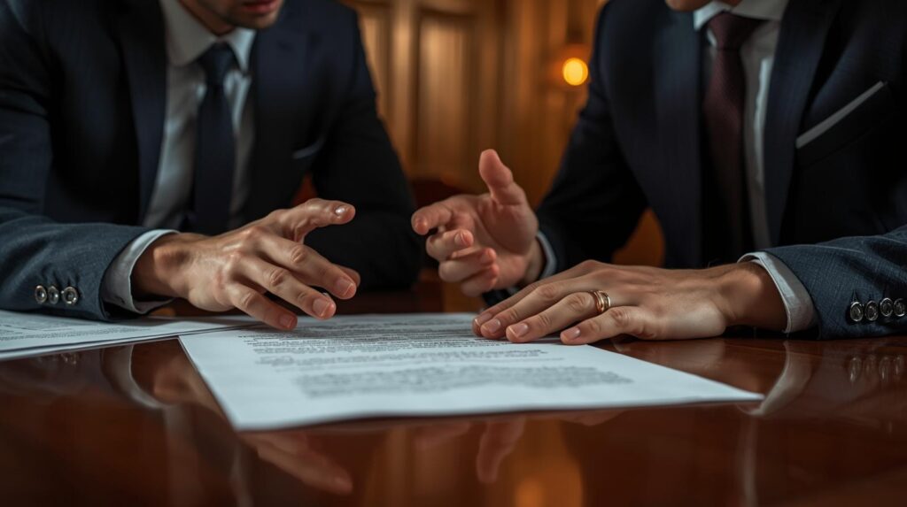Two professionals in suits having a serious discussion over a document on a wooden table, focus on hand gestures, warm cinematic lighting, business negotiation concept